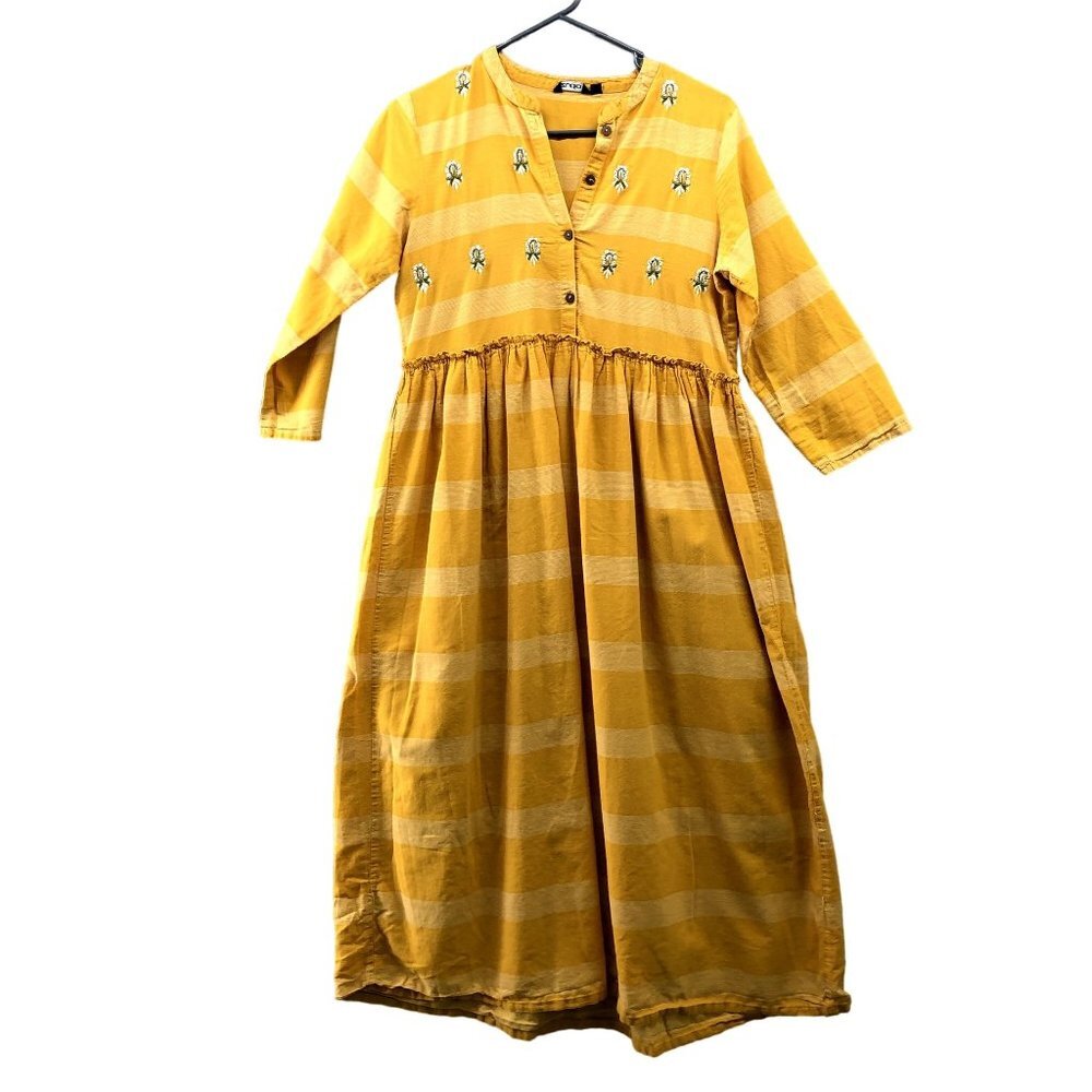 Zudio Boho Maxi Dress Size Medium M Mustard Yellow 3/4 Sleeve Embroidered
